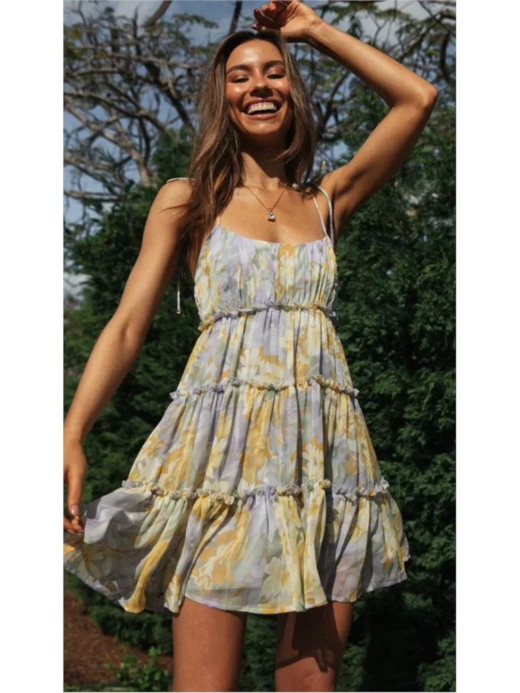 

Fashion Floral Print Mini Dress For Women Elegant Sexy Sleeveless Spaghetti Strap Loose Dresses Lady Holiday Beach Party Clothes