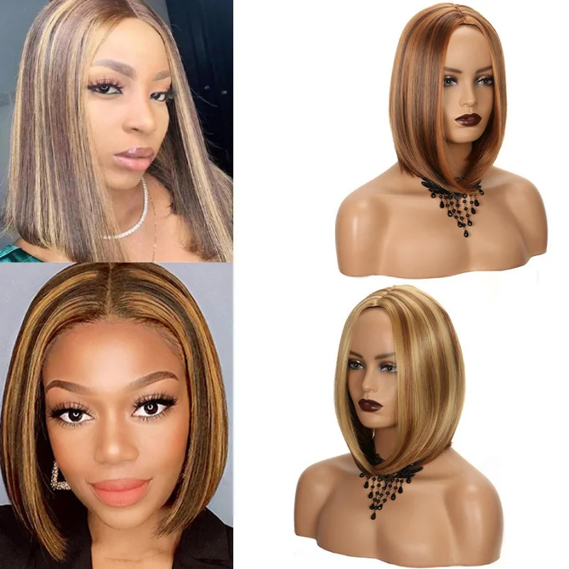 New European and American style middle-parted bobo women's short straight hair , slightly wavy, heat-resistant synthetic wig,