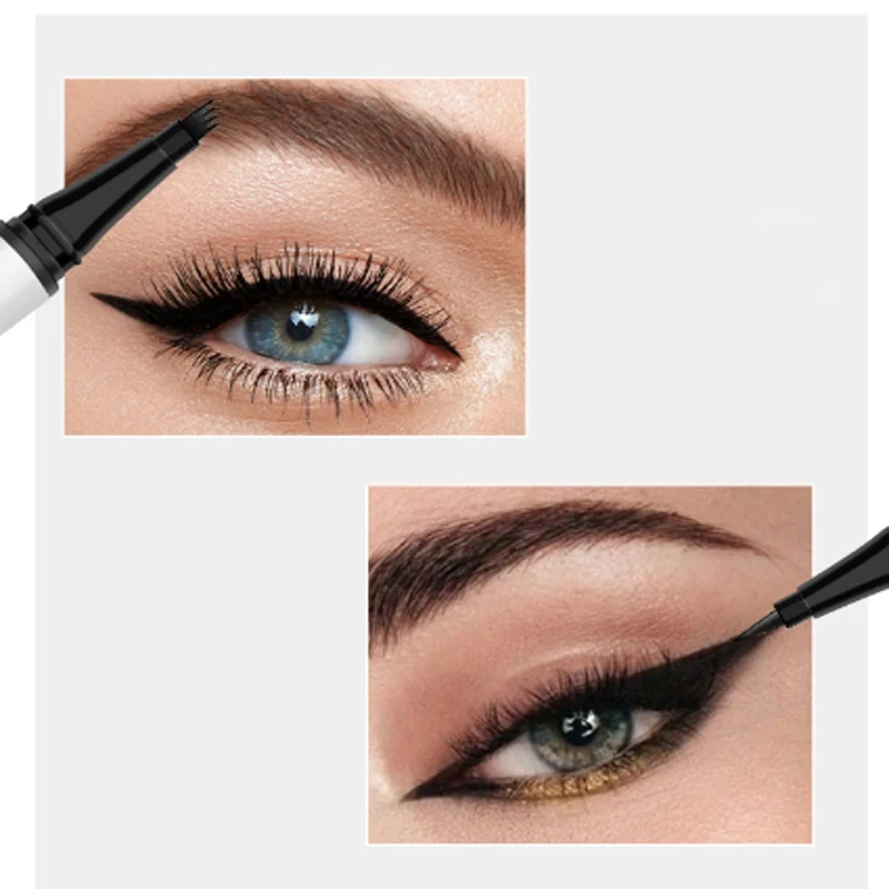 Pro 2IN1 Dual Ended Waterproof 4 Fork Tip Eyebrow Eyeliner Pen Long Lasting Natural Brown Liquid Eye Brow Black Eye Liner Pencil