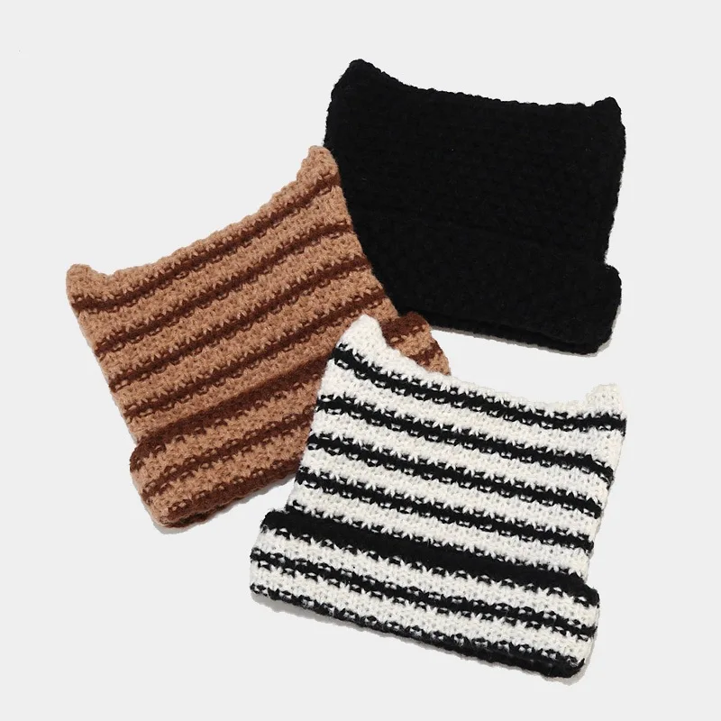 2023 Imp Ear Warm Woolen Cap Female Cute Cat Ears Fashion Striped Knitting Cap Set Head Cap Fashion Hip-hop Cotton Cap Bean Cap