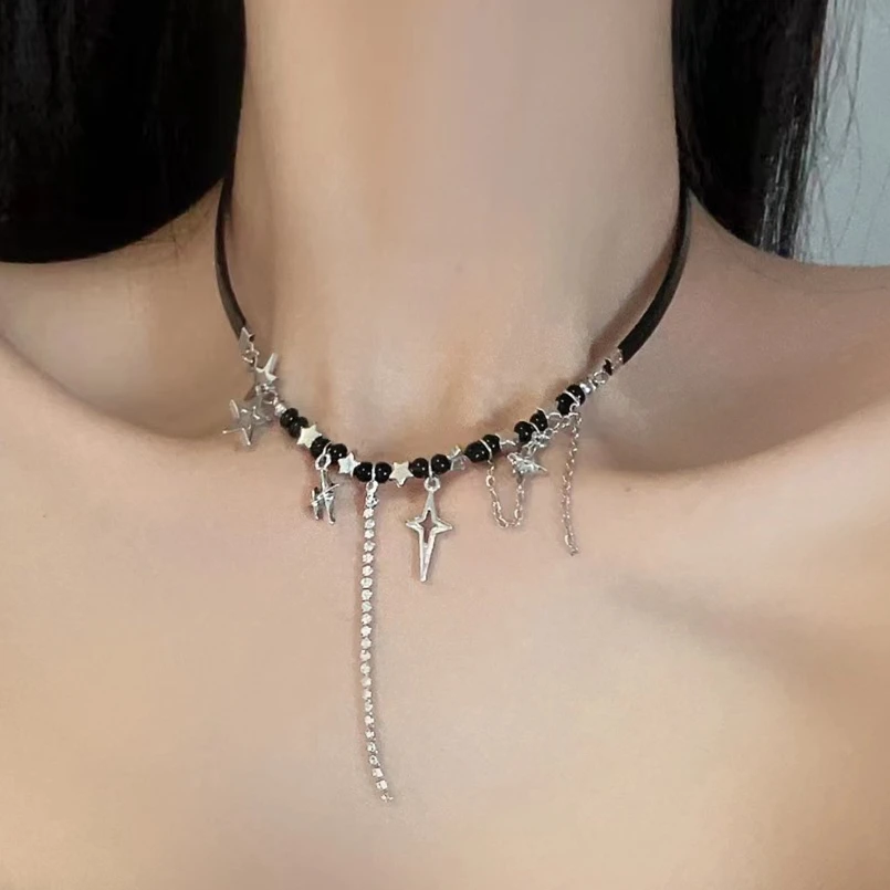 Goth Vintage Punk Harajuku Y2K Cross Pendant Beaded Rope Chain Choker Necklace For Girl Aesthetic EMO Grunge Jewelry Accessories