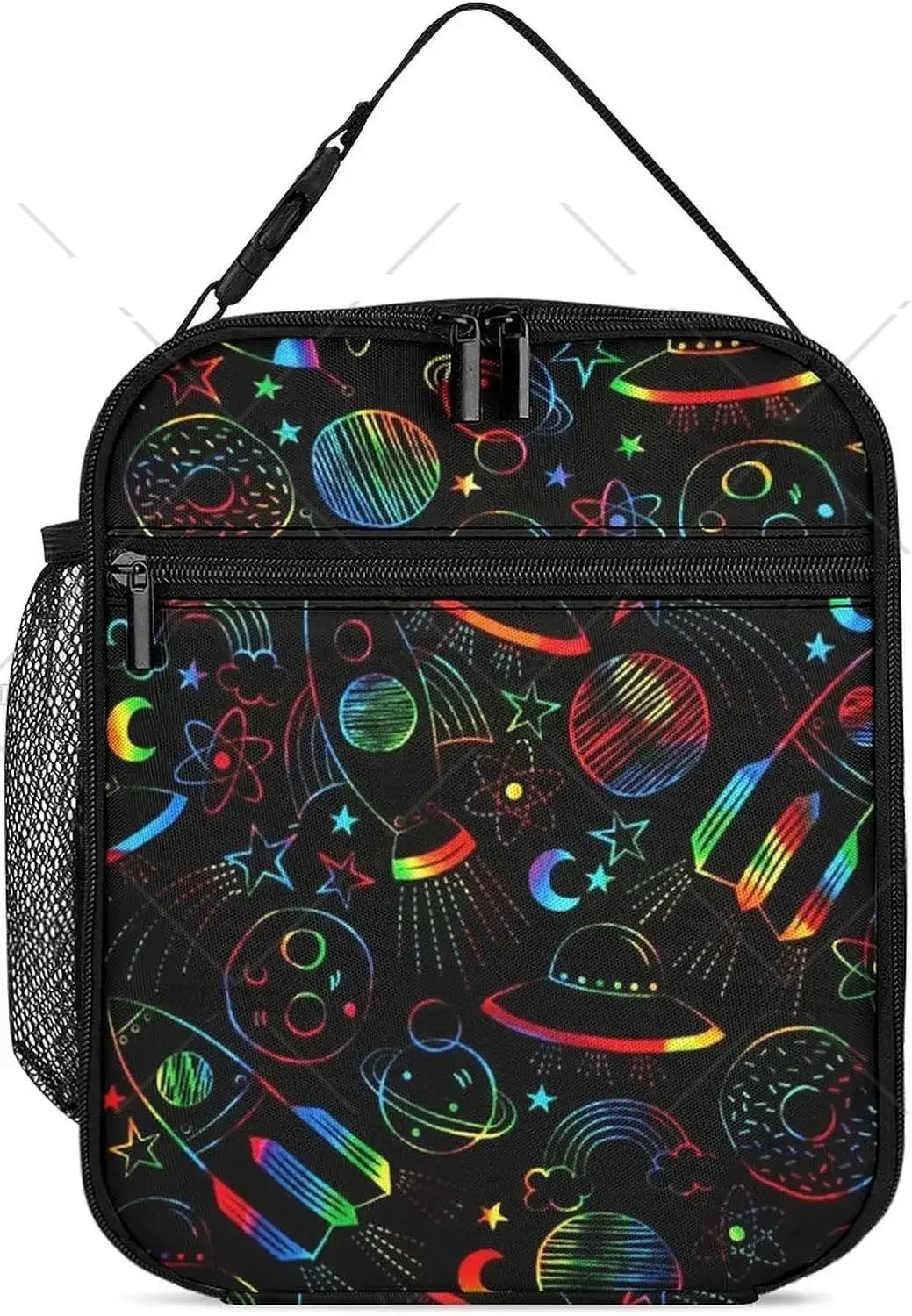 Doodle Solar System Astronauts Space Crafts Shooting Stars Portable Lunch Bag for Women Insulated Reusable Lunch Box for Work