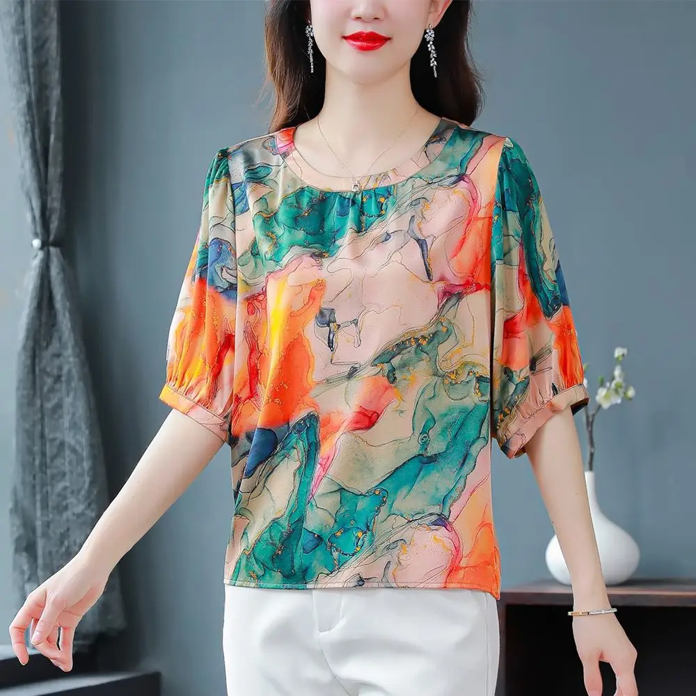 Simplicity Women\'s Clothing 2023 New Korean Elegant Summer Thin Casual Printing Geometric O-neck Short Sleeve Pullovers T-Shirts