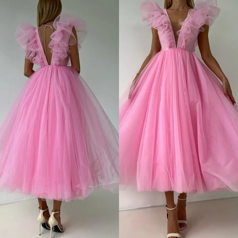 

Customized Exquisite Pink Tulle Evening Dress High Quality V-Neck Sleeveless Homecoming Dresses Modern Special Occasion Gowns