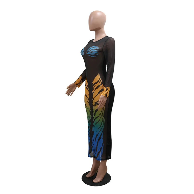 OMSJ 2024 Summer Nightclub Party Tiger Stripe Printing Fashion Sexy Ladies Perspective Long-sleeve Tight Fit Pullover Maxi Dress