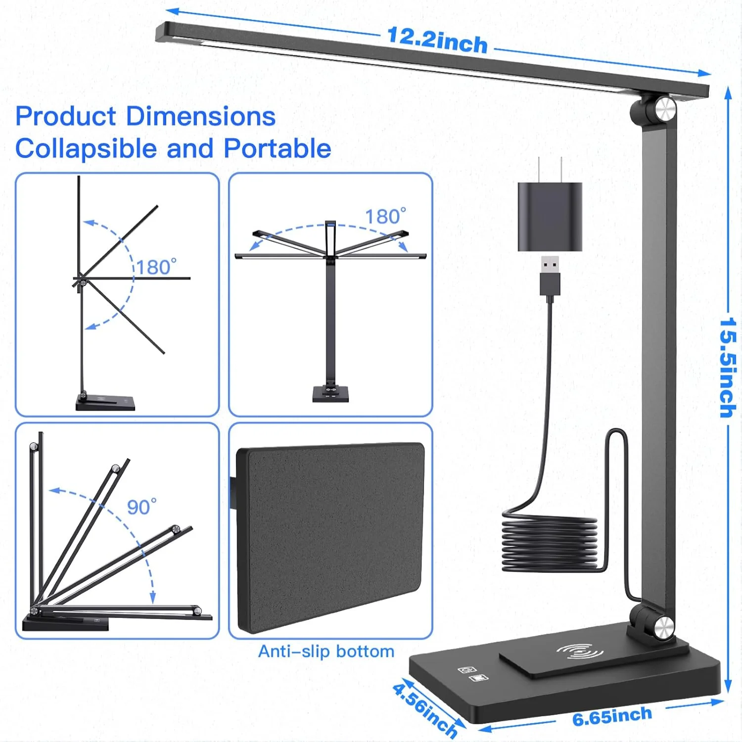 Desk Lamp with Wireless Charger USB Charging Port,LED Desk Lamps for  Office,Small Table Lamp Study Desk Light,15 Lighting Modes