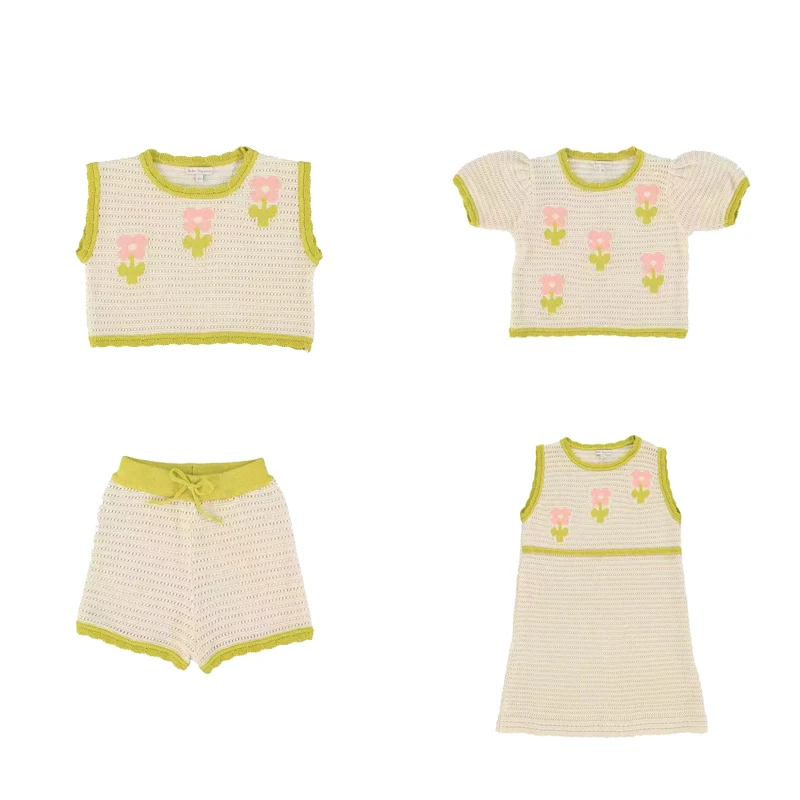 bebe ss25 kids knit tees and shorts clothing sets girls cute flower embroidery dress clothing t shirts tops