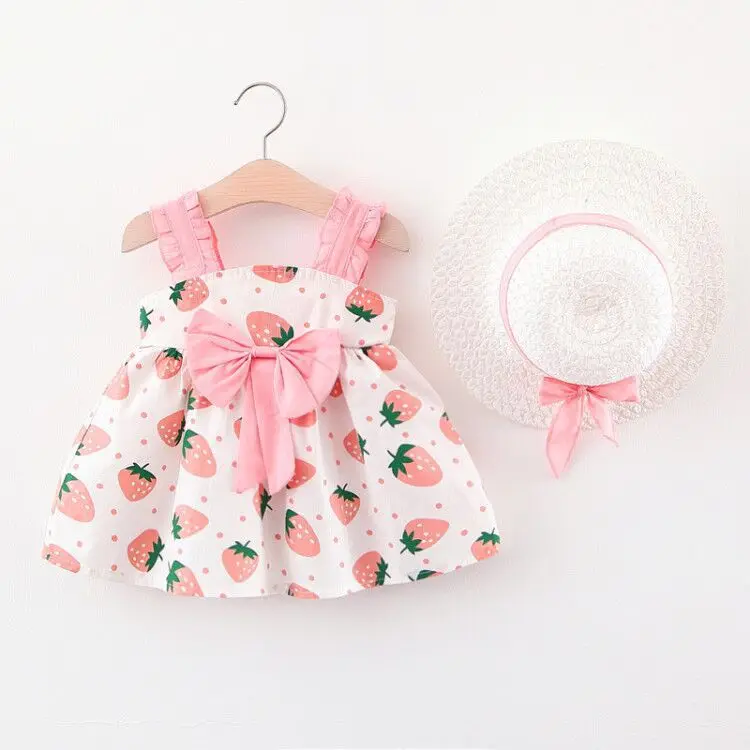 Baby Girl Dress Summer Cute Strawberry Print Dress Bow Beautiful Baby Girl Dress (0-3 Years Old)