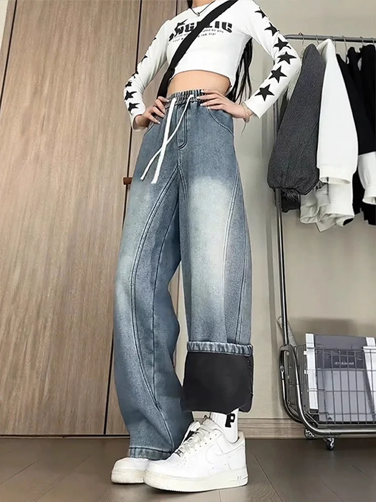 

Мужские джинсы синего цвета, прямого кроя, с широкими штанинами, на резинке, свободные, рабочие брюки