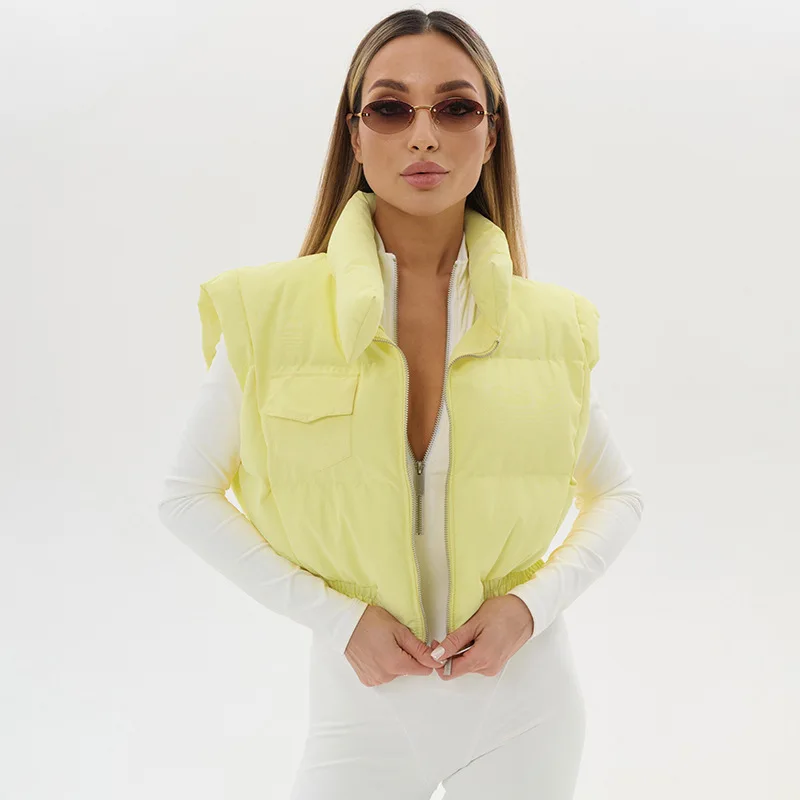

EOENKKY Casual Zip Crop Coat Women Warm Stand Collar Elastic Hem Pocket Basic Winter Streetwear Quilted Warm Vest Jackets