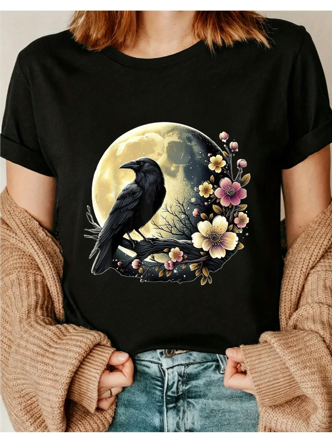 Crow Floral Art 1-Piece Washed Printed T-Shirt Seasonal Casual Women's T-Shirt Round Neck Short-Sleeve T-Shirt Outdoor Size S Holiday Gift Soft Breathable Fabric Machine Washable Allseai01 Round Neck Short-Sleeve Top Suitable for All Seasons Casual and Versatile