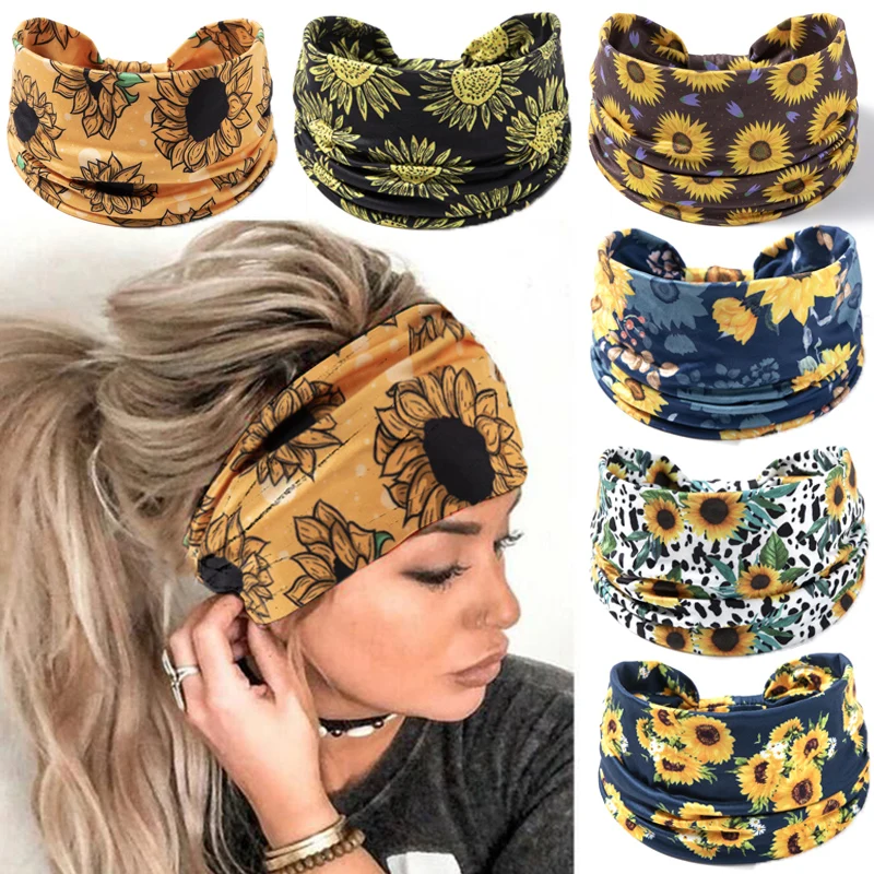 

Boho Headbands Sunflower Wide Hair Bands Turban Head Wraps Stretch Yoga Head Band African Workout Head Scarf Sports Sweatbands