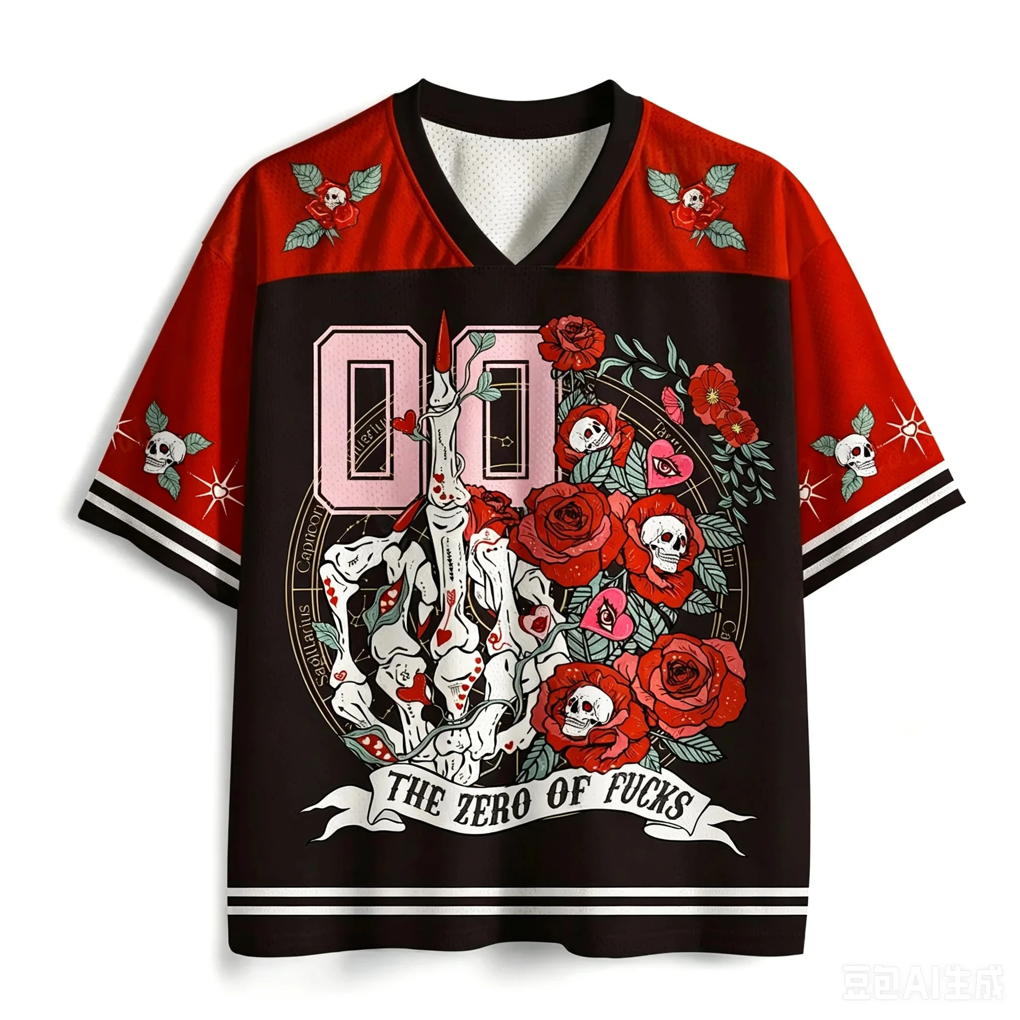 Unisex T‑Shirt Retro Gothic Skull Rose 3D Print Fitness V‑Neck Street Outdoor Casual Short Sleeve Top