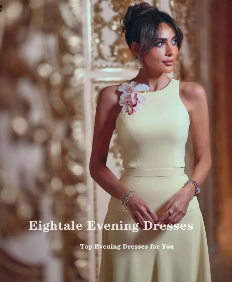 Eightale Arabic Evening Dress Customized O-Neck 3D Flowers Stretchy Satin Yellow Mermaid Prom Wedding Party Gowns image 6