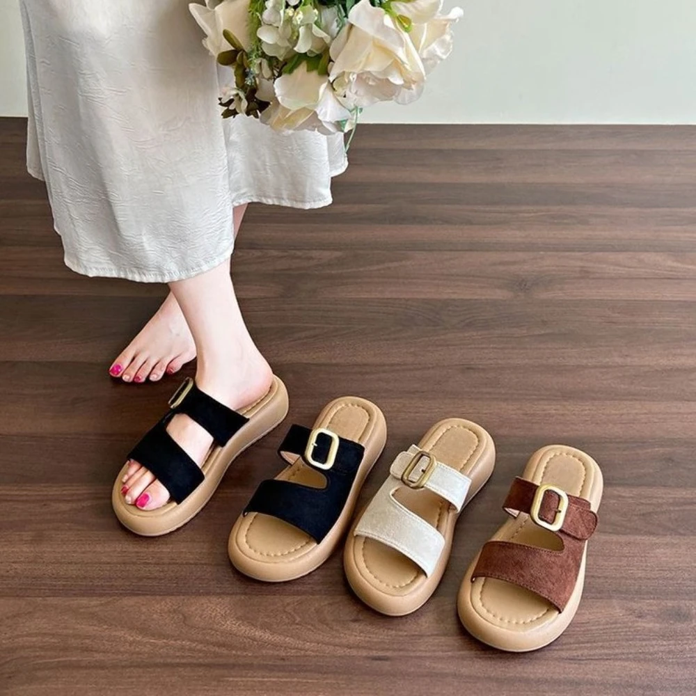 Sandalias de Plataforma de Gamuza Estilo Boho Chic con Hebilla Gruesa, Suela Gruesa, Mules sin Talón, Zapatos Casuales Cómodos para Verano