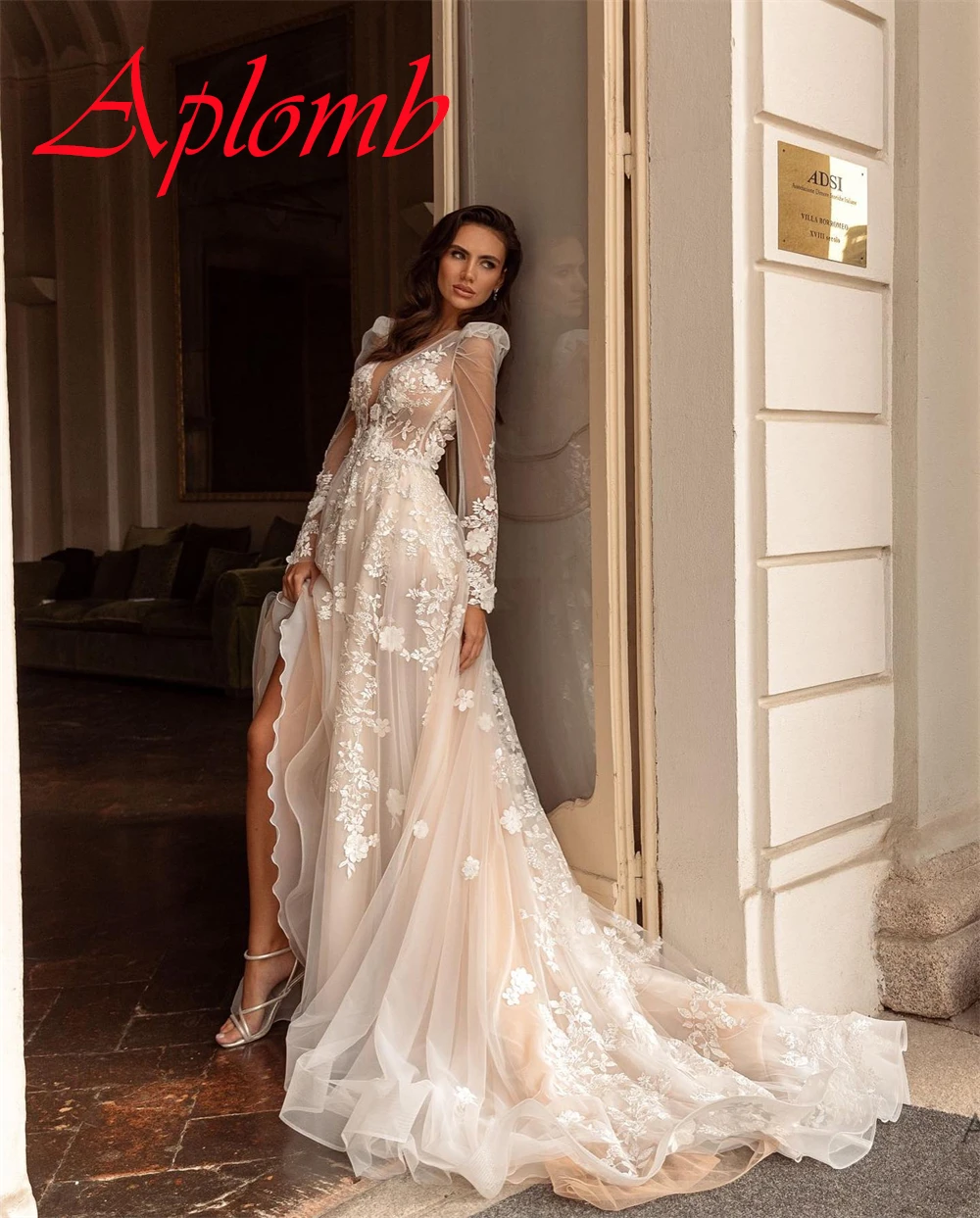 사용자 정의 절묘한 흰색 Organza 웨딩 드레스 섬세한 v-목 긴 소매 신부 파티 클래식 Backless Vestido De Novia