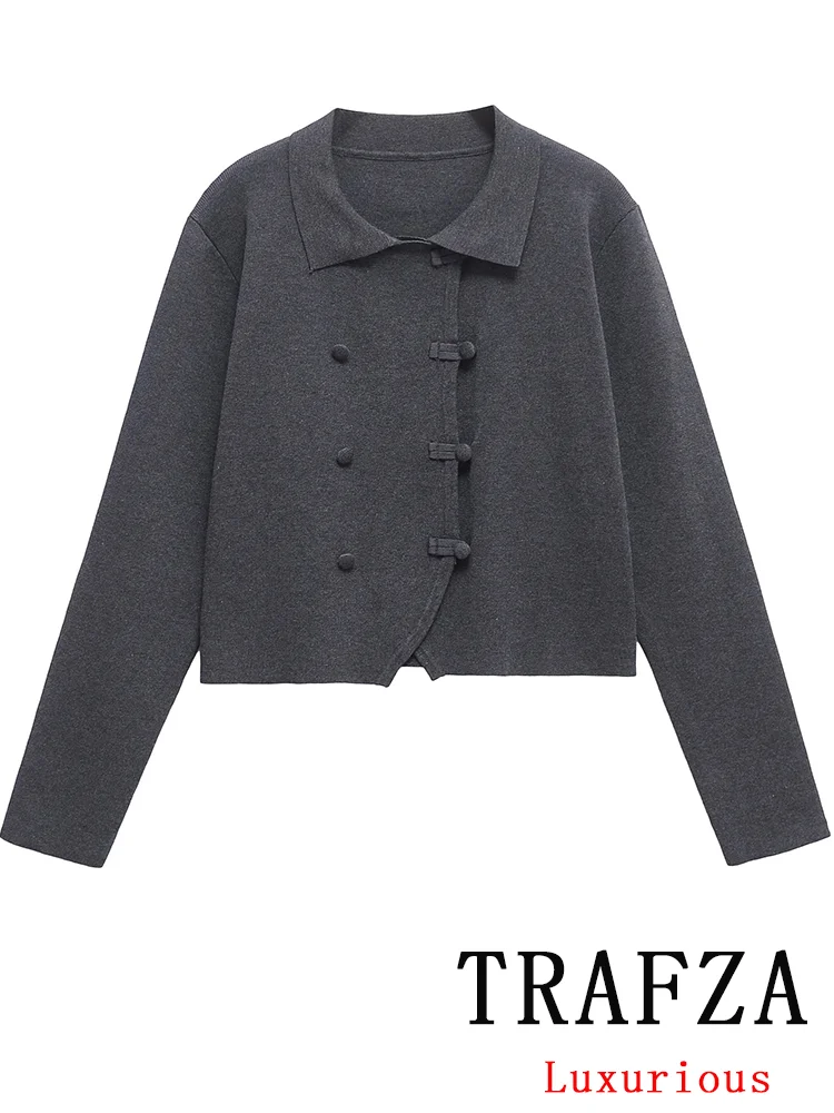 

TRAFZA винтажный шикарный женский свитер, однотонный двубортный вязаный свитер с длинными рукавами и отложным воротником, модные осенне-зимние свитера 2023 г.