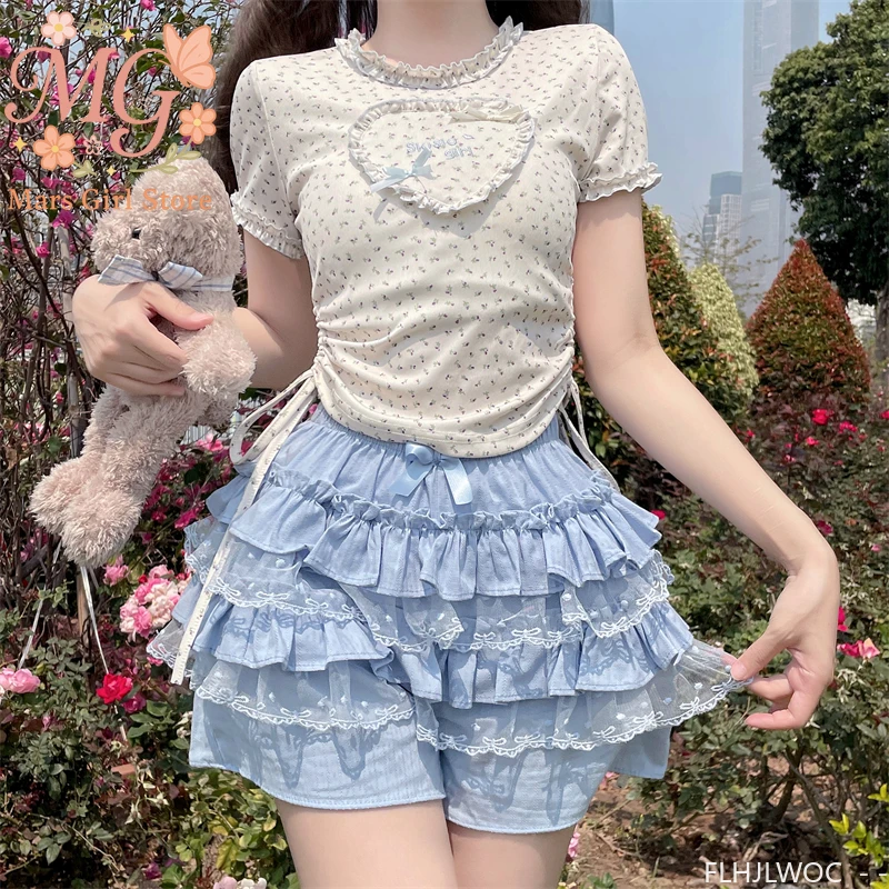 

Японские шаровары в стиле Лолиты, мини-юбка для девочек, милые, сексуальные, кружевные, розовые, многослойные, пышные шорты с оборками, маленькие брюки-фонарики