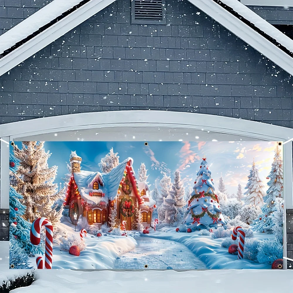 قطعة واحدة، لافتة جراج عيد الميلاد، بوليستر متين، تصميم بيت الثلج وشجرة عيد الميلاد، ديكور فني جداري منزلي احتفالي