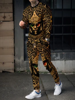Vintage Aztec 3D-Druck Herren-Sportbekleidungsset, lässig, langärmelig, T-Shirt, Hose, 2-teiliges Set, übergroßer Pullover, Herrenbekleidung