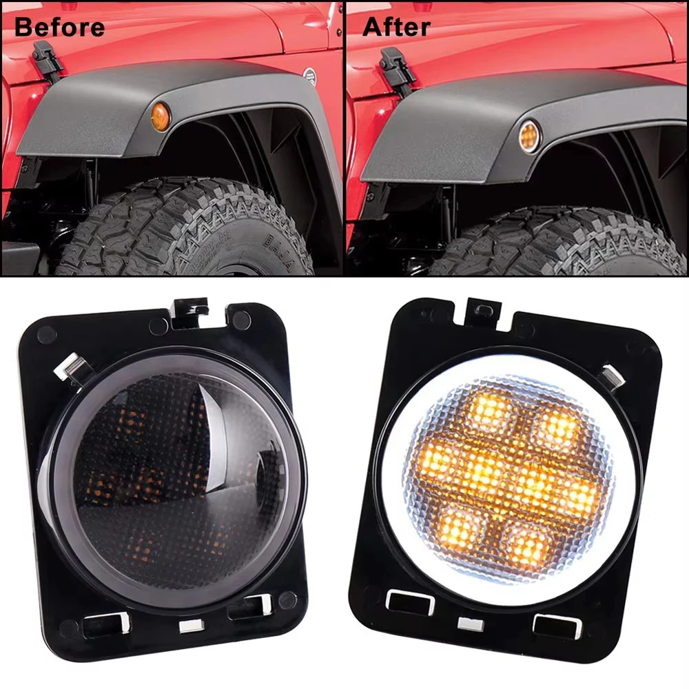 

LED Smoked Front Fender-Flares Parking Turn Indicator Lamp White Halo Side Marker Lights for-Jeep-Wrangler JK JKU 2007 to 2017