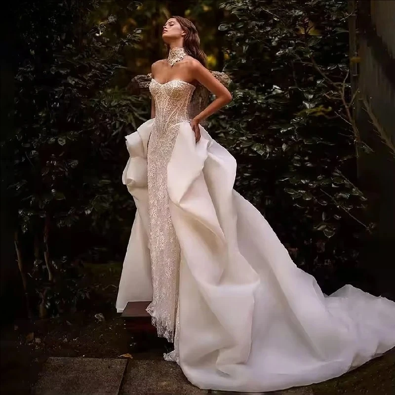 

Bridal Gown Shiny Mermaid Wedding Dress Lace Pearl Long Sleeve with Gorgeous Detachable Train Vestidos De Novia Customized