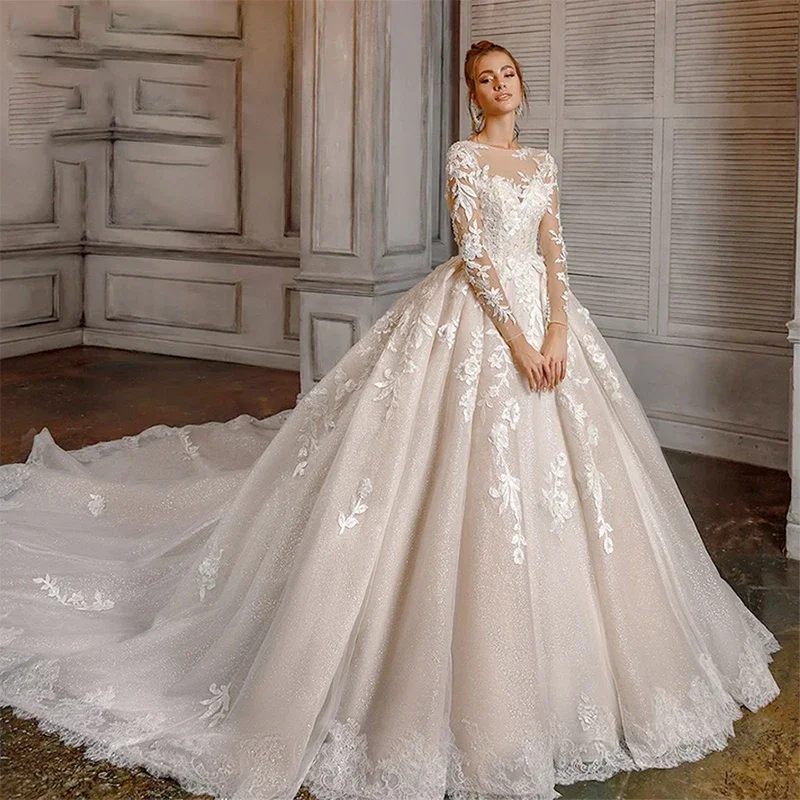 

Luxury Wedding Dress Organza With Embroidery Lace Ballgown Train Full Sleeve O-Neck Bridal Dress Lace Up Button Vestido De Novia