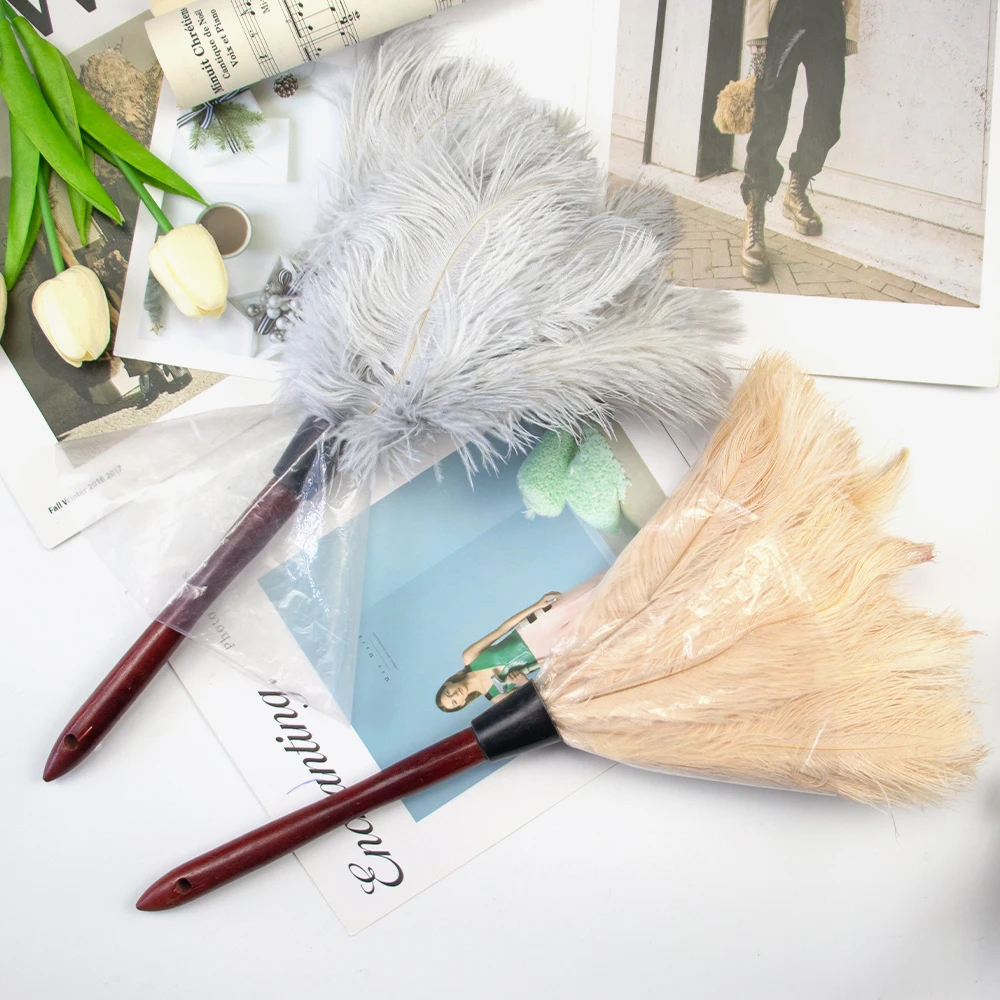 Ostrich Feather Duster with Wooden Handle Soft Natural Feathers Home Cleaning Dust Brush Car Interior Tool Anti Static Reusable