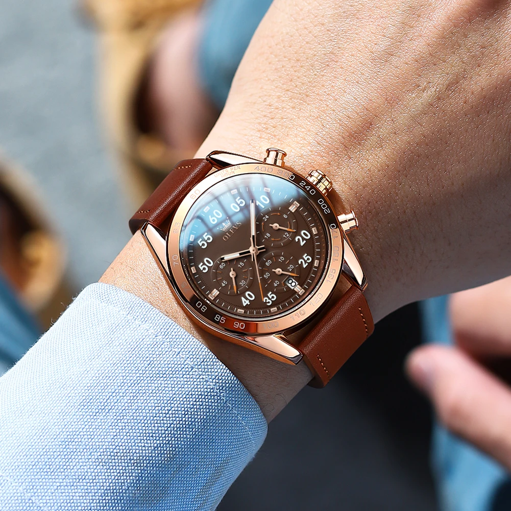 OLEVS TY703 브랜드 전용 쿼츠 시계 남성 패션 가죽 스트랩 클래식 크로노그래프 캘린더 방수 야광 남성 시계