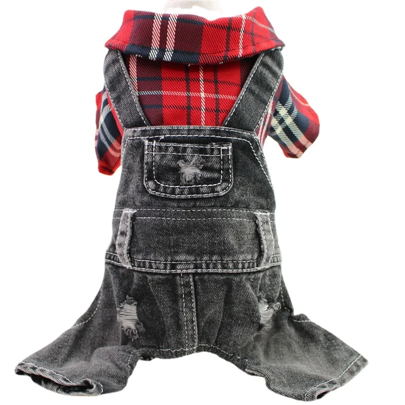 Pet Clothing Teddy Bear Dog Four Legged Plaid Denim Jumpsuit For Spring, Autumn, And Winter Dog Costume Customizable