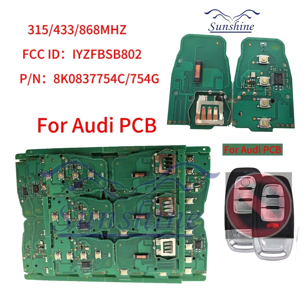 Sunshine PCB 315/433/868Mhz 8T0 959 754C Remote Car Key Circuit Board 3/4 Button For Audi Q5 A4L A5 A6 A7 A8 RS4 RS5 S4 S5