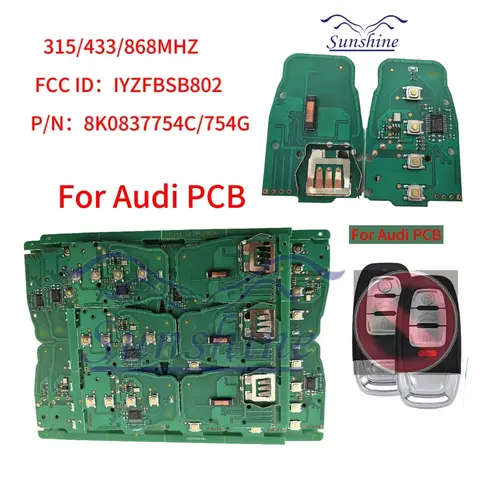선샤인 PCB 원격 자동차 키 회로 기판, 아우디 Q5, A4L, A5, A6, A7, A8, RS4, RS5, S4, S5 용, 315, 433, 868Mhz, 8T0, 959, 754C, 3/4 단추