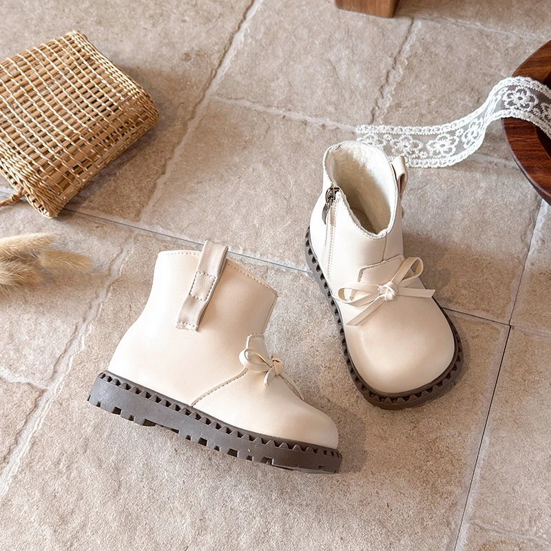 Girls Winter Plush Boots 2026 New Princess Fashion Children's Ankle Boots with Bowknot Warm Non-slip Kids Outdoor Cotton Boots
