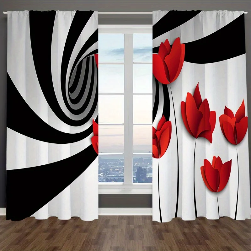 2pcs Abstract Art Curtains With Red Flower & Abstract Spiral Circle Curtains Thermal And Noise Reducing Curtain For Bathroom