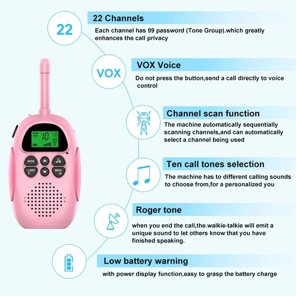 2 buah Walkie Talkie anak-anak Mini portabel 3-5km jarak jauh 1000mAh baterai Radio Interphone mainan dengan senter untuk anak laki-laki anak perempuan hadiah