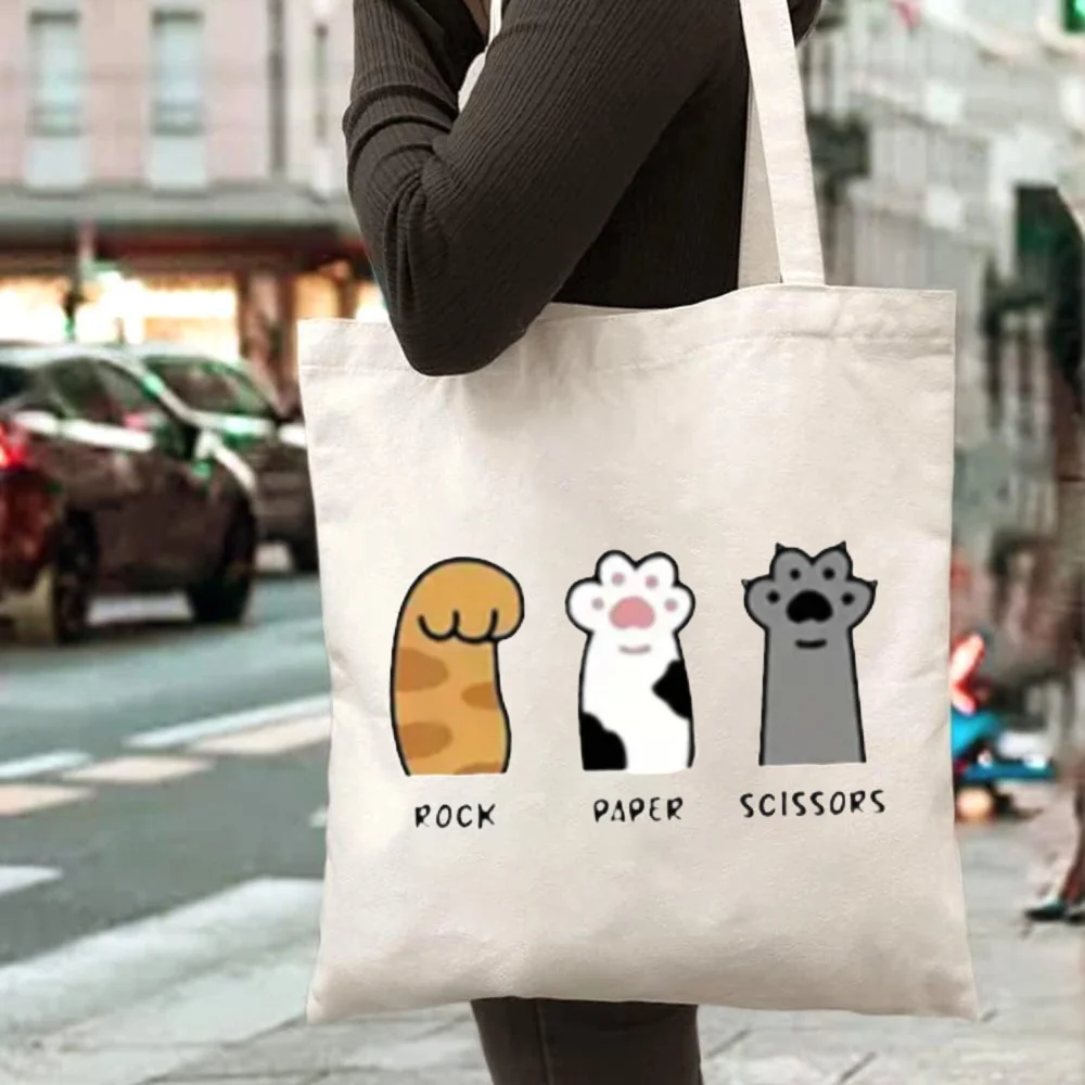 Ladies' Rock-Paper-Scissors Game Print Tote Bag - Light Beige Durable Machine-Washable Casual Outdoor Beach Shopping Bag with Fun Cartoon Design