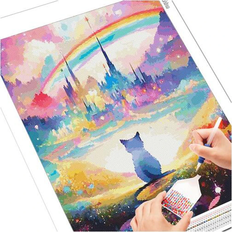 Fairy Dust Diamond Mosaic Cross Stitch Animal Cat Full Crystal Diamond Painting Castle AB Drill Rhinestone Embroidery Wall Decor