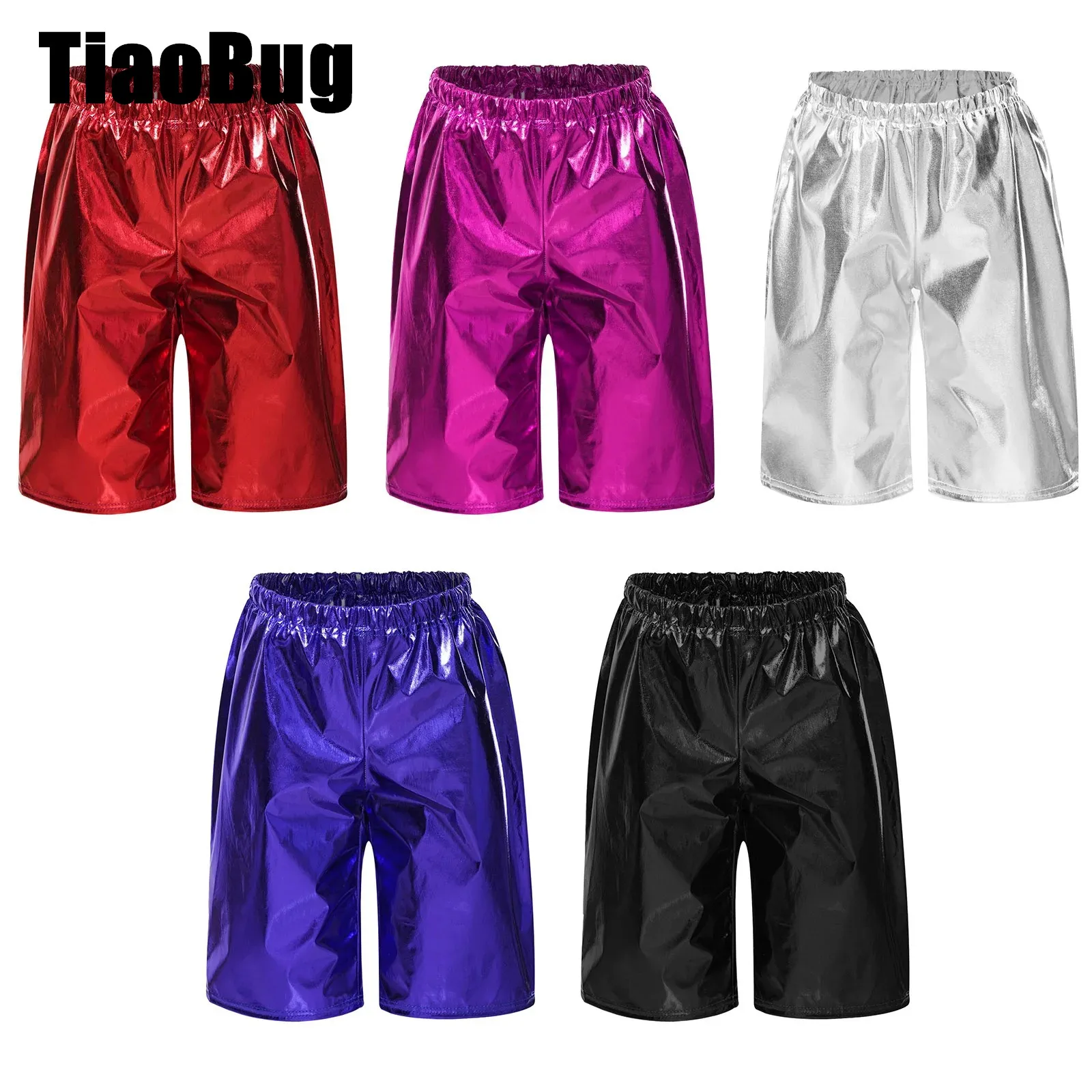 

Shiny Kids Jazz Shorts Girls Boys Knee Length Elastic Waistband Metallic Shorts for Dance Stage Performance