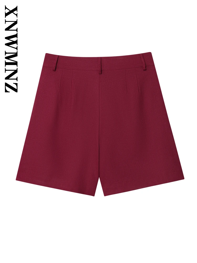 XNWMNZ 2025 Autunno Nuova Donna Semplice Pendolarismo Pulsante Pantaloni Corti di Lino Moda Casual Lady Rosso Vintage Vestibilità Regolare