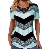 Fashion Striped T-Shirt Women Hollow Out Sexy V-Neck Geometric Short Sleeve Tops Summer Casual Pullover Blouse Clothes Ladies