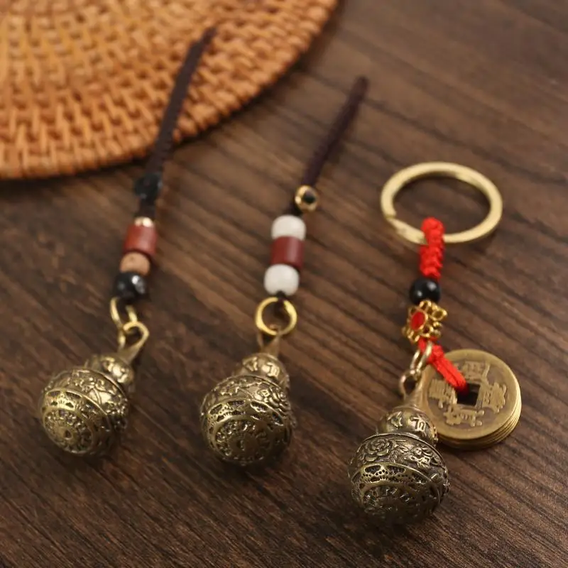 Brass Chinese Blessing Lotus Gourd Pendants For Keychain Handmade Braided Rope Lucky Men Car Keychain Lanyard Hangings Keyrings