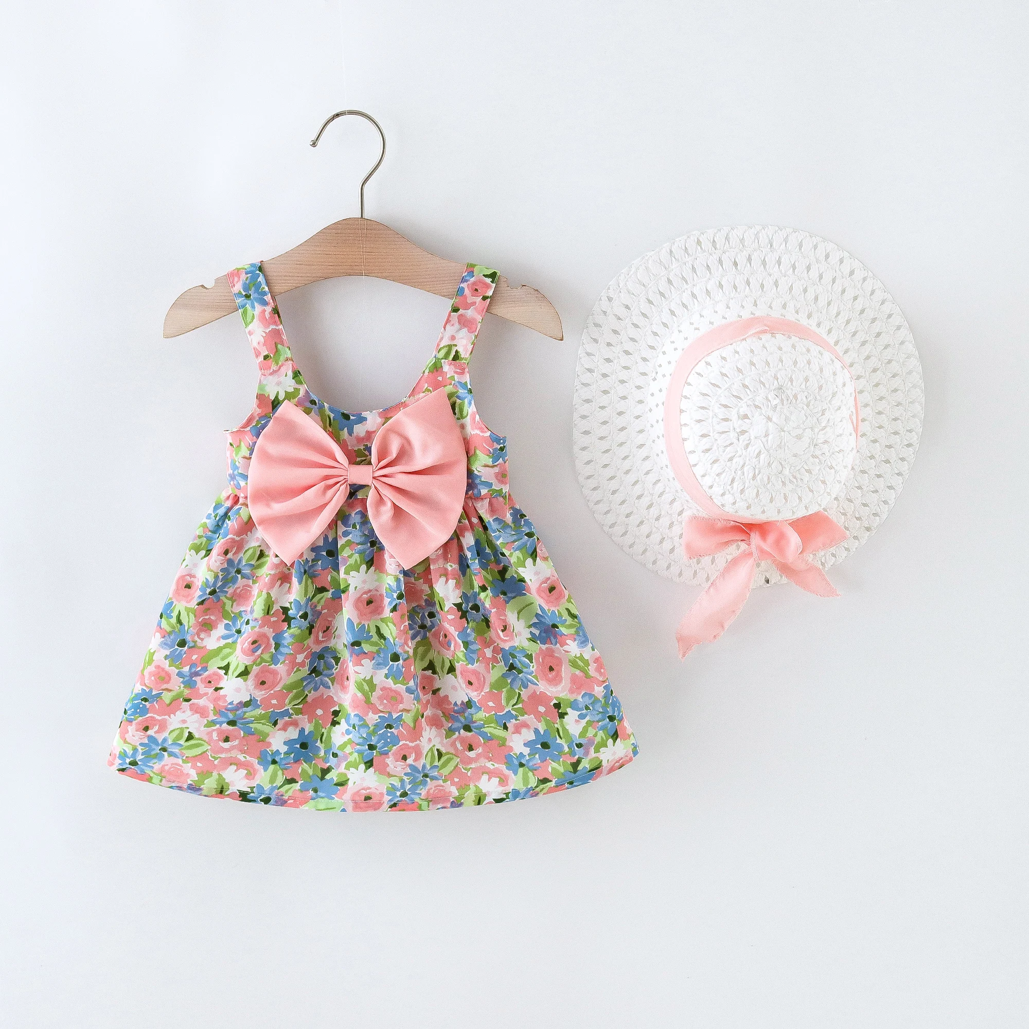 Children\'S Clothing Dress Hat 2/Piece Set Summer Girl Flower Big Bow Korean Version Cute Suspender Dress