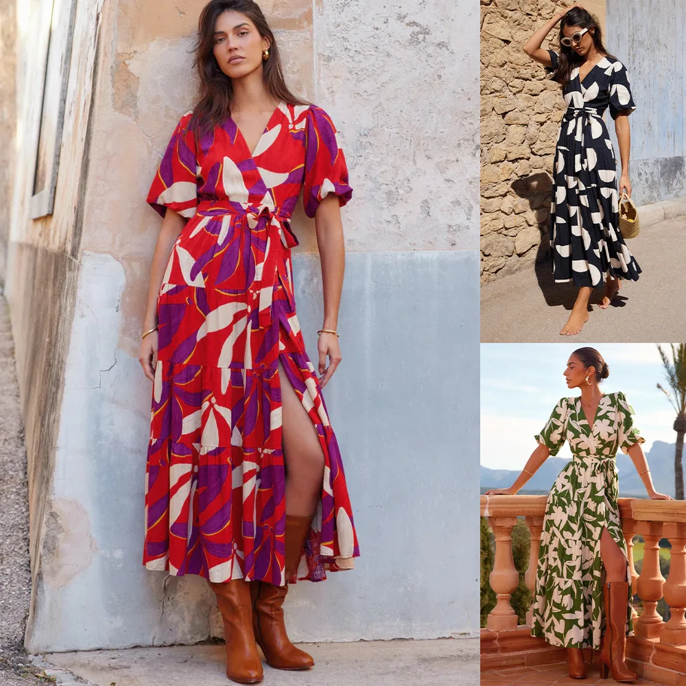 

Independent Website Cross-Border Foreign Trade European And American Women's Clothing Summer New Style Slit Neck Short-Sleeve