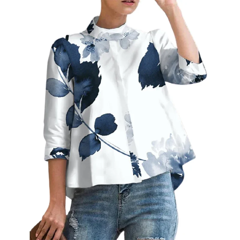 Krisnana Vintage Floral Printed Stand Collar Blouses 2024 New Spring Summer Three-Quarter Sleeves Causal Shirts Tops For Women