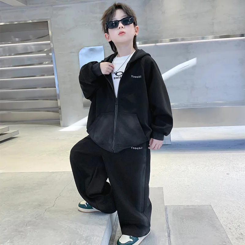 Spring Junior Boy 2PCS Clothes Tracksuit Set Pocket Zipper Hoodie Relaxed Fit Sweatpant Outfit 4-12Y Boy Street Sporty Wear Suit