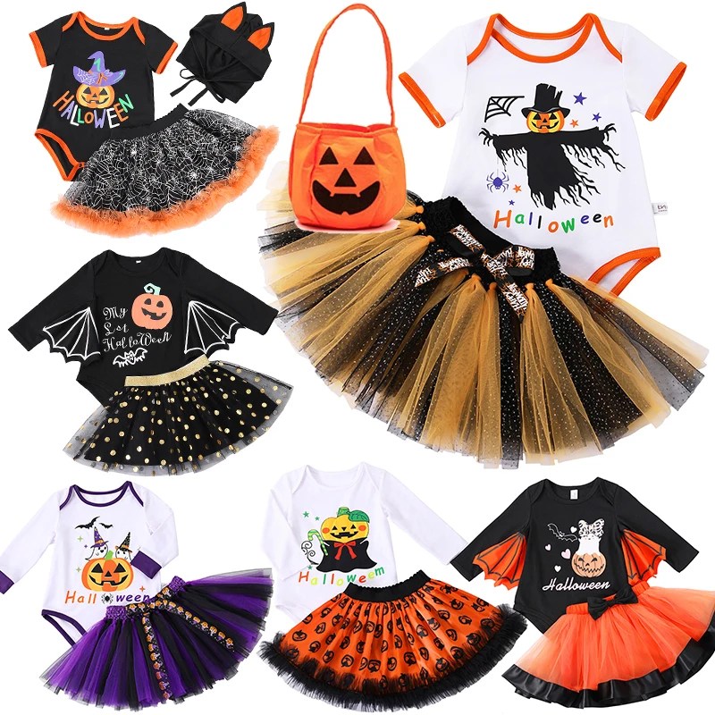 Halloween Cospaly Clothes Baby Girl Romper+Dress 2 pcs Cartoon Pumpkin Long Sleeve Tutu Dress Party Dress Clothing 0-24 Month