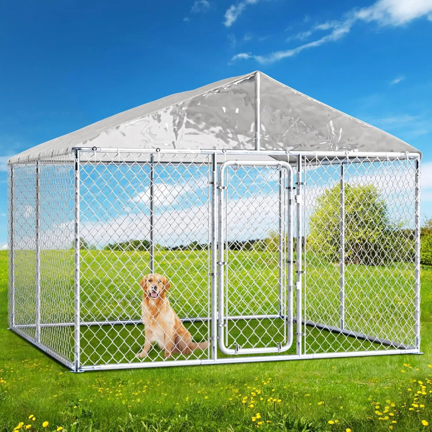 

Large Dog Kennel Outdoor Heavy Duty Cage with Roof UV & Water Resistant, Outside Playpen Galvanized Steel Fence with