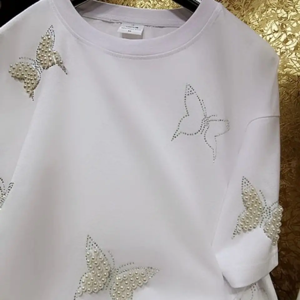 Round Neck Pure Cotton Short Sleeve Top 2024 Spring/Summer Women Handmade Beaded Butterfly Solid Color All-match Casual T-shirt