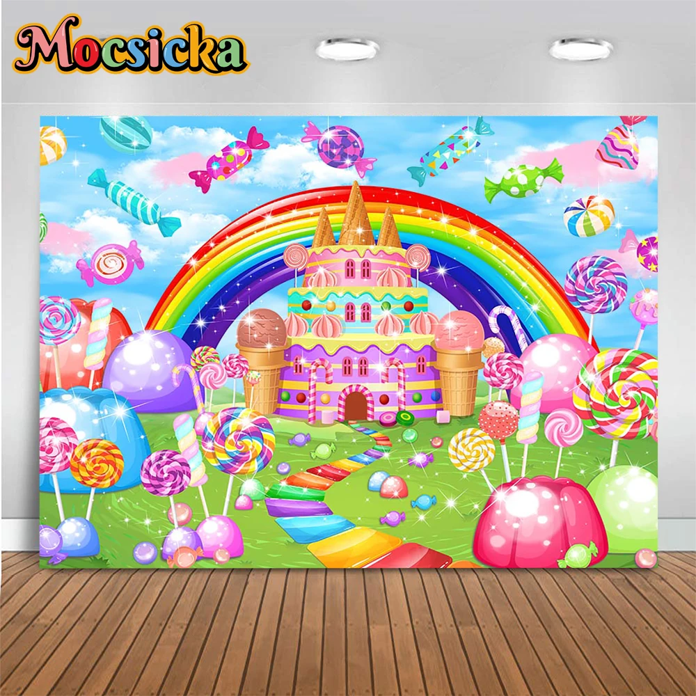 

Ice Cream Castle Backdrop Decor Girls Birthday Party Rainbow Candy Lollipop Photographic Background Newborn Baby Shower Photo