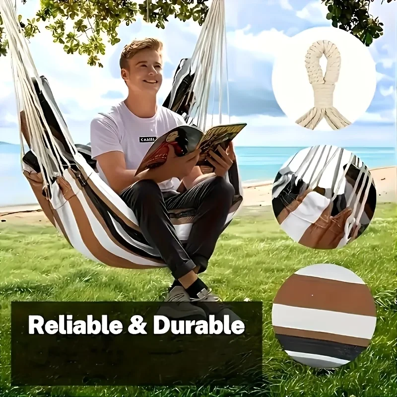 Heavy Duty Canvas Portable Camping Hammock Chair with Striped Design, Outdoor Hanging Swing Seat for Garden/Patio image 3